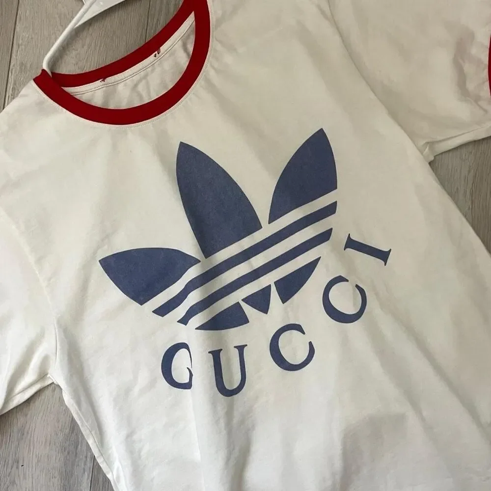 Gucci Adidas Tshirt cotton crew logo mens Cream (xsmall) designer streetwear